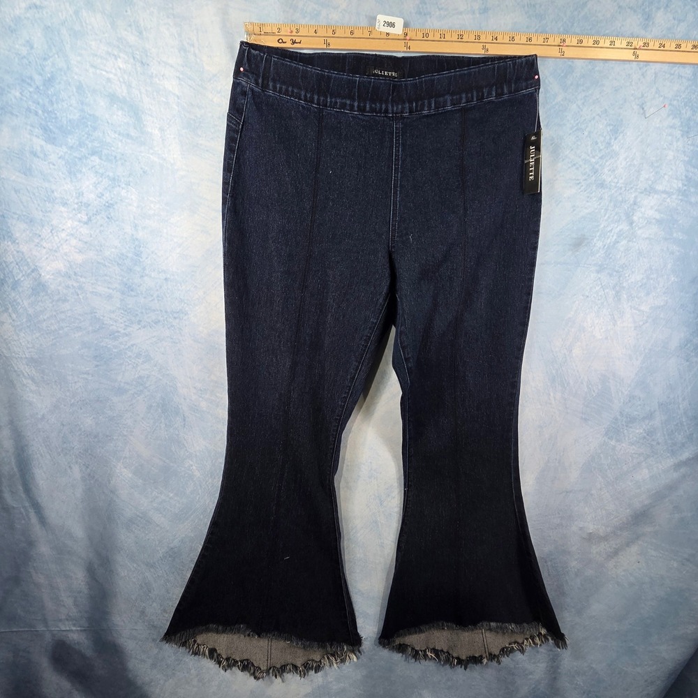 Juliette Womens Dark Wash Flare Leg Pull On Jeans Sz 14‎ Frayed Hem Seamed Front